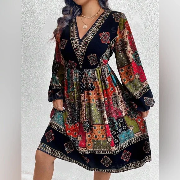 Boho Plus Size Patchwork Pattern Bohemian V-Neck Lantern Sleeve Dress Black | Color: Black | Size: 18 | Fashionatposh's Closet Dresses | Boho Plus Size Patchwork Pattern Bohemian Vneck Lantern Sleeve  Dress Black | Poshmark